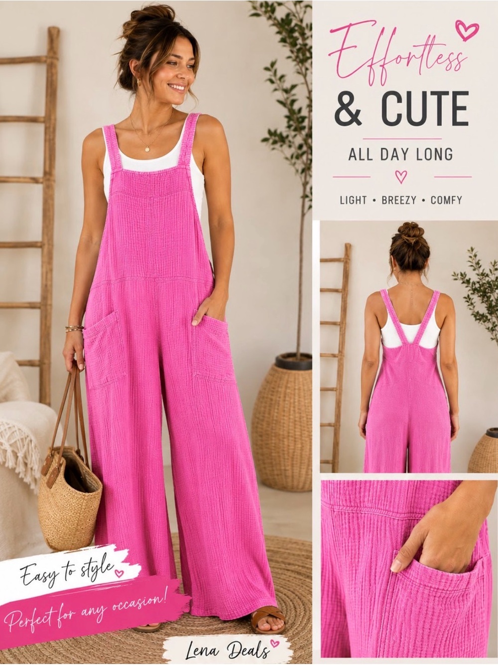 Zenana Wide-Leg Cotton Fuchsia Double Gauze Overalls - Womens Jumpsuit Sz Small